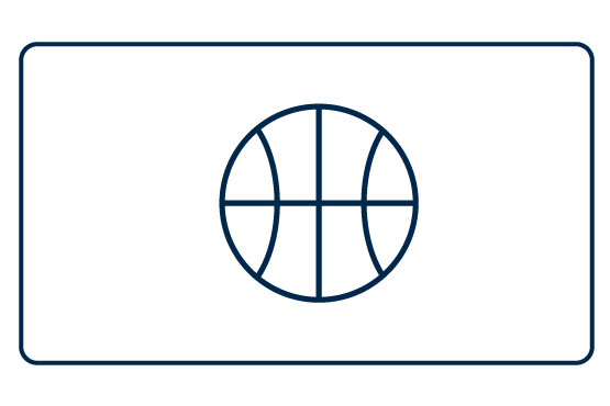 Icon of a basketball within a rectangular outline.