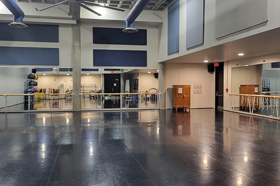 A spacious dance studio with a polished floor, mirrors, and a ballet barre along the walls.