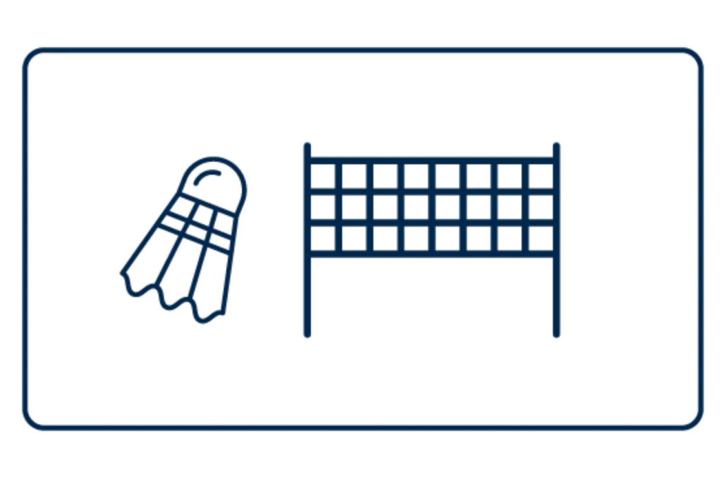 An illustration of a shuttlecock next to a badminton net.