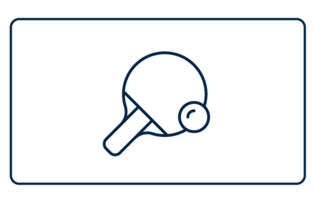 An outline of a table tennis paddle and ball on a white background.