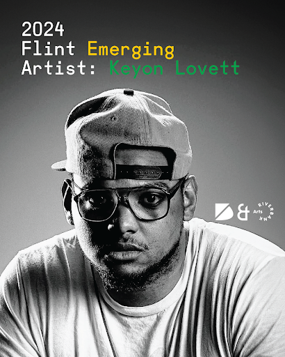 Announcement graphic: 2024 Flint Emerging Artist Keyon Lovett, black-and-white portrait wearing a backwards cap and glasses.