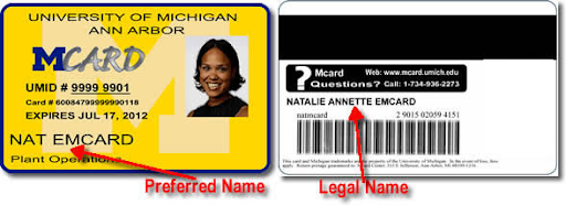 Image of a university ID card from the University of Michigan. The front displays the preferred name "NAT EMCARD," along with the UMID number, expiration date, and a placeholder for a photo. The back includes the legal name "NATALIE ANNETTE EMCARD," a barcode, and contact information for inquiries.