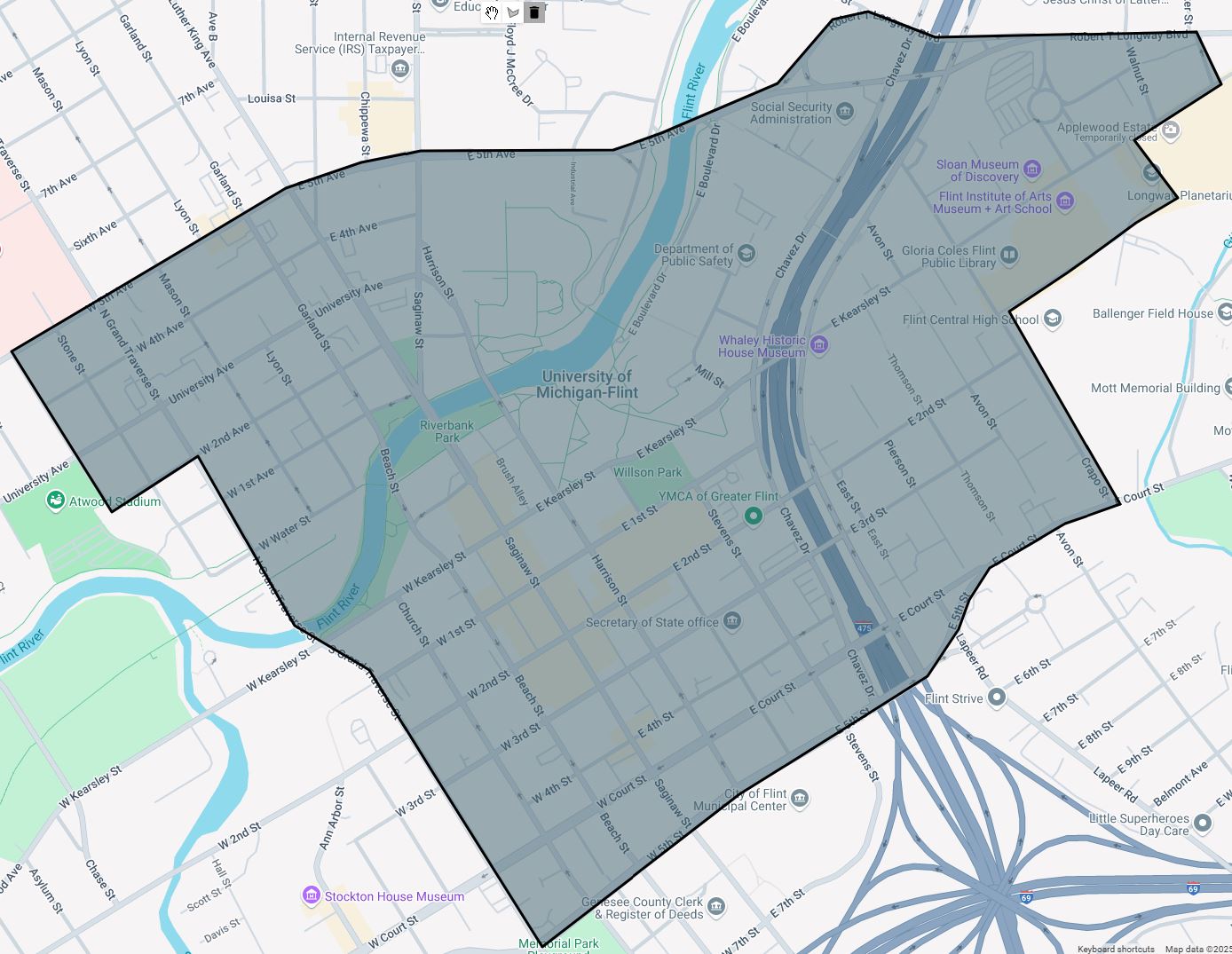 Service boundaries map showing W. 5th Ave / Robert T. Longway to the north, S. Fifth Street to the south, N. Grand Traverse Street to the west, and Crapo Street to the east. DPS facilitates non-medical Safe Ride service to Hurley Hospital from campus.