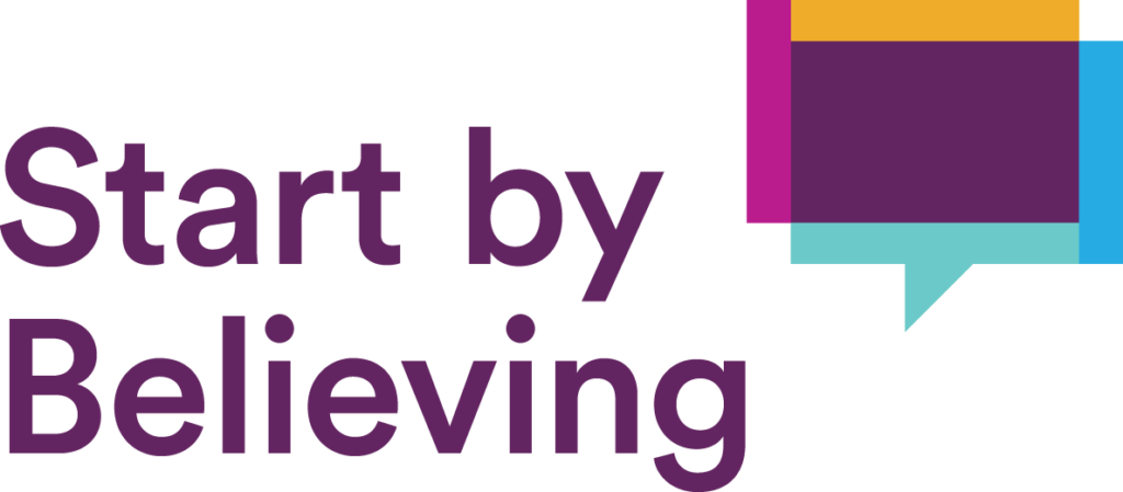 Start by Believing Logo, with multi-colored rectangular speech bubbles