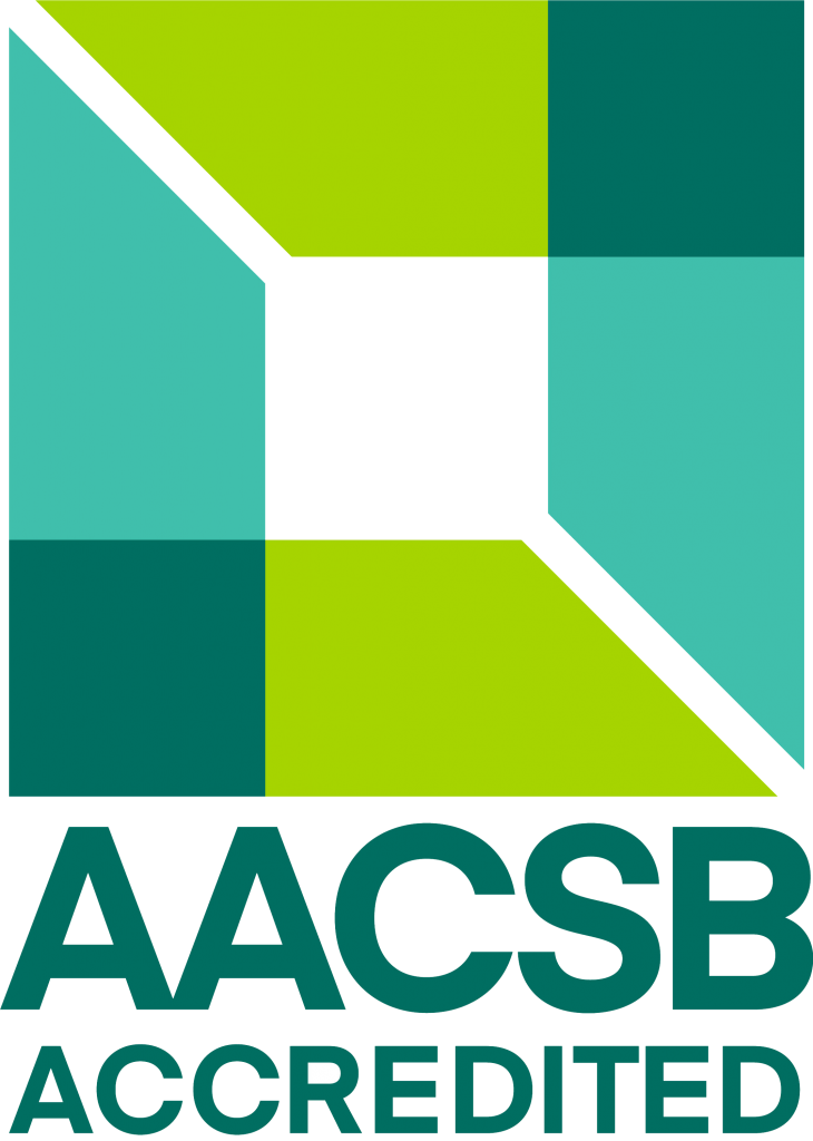 AACSB Accredited logo featuring a geometric design with the colors green, teal and white.