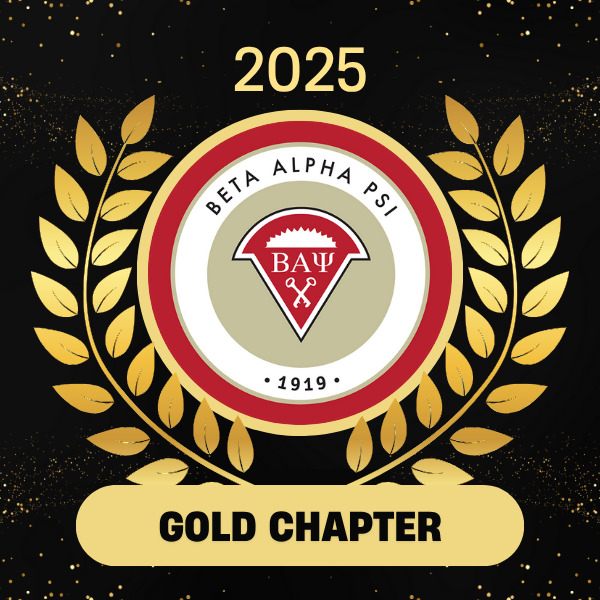 Graphic for Beta Alpha Psi surrounded by a gold laurel wreath. This graphic features the text "2025" at the top and "GOLD CHAPTER" at the bottom.