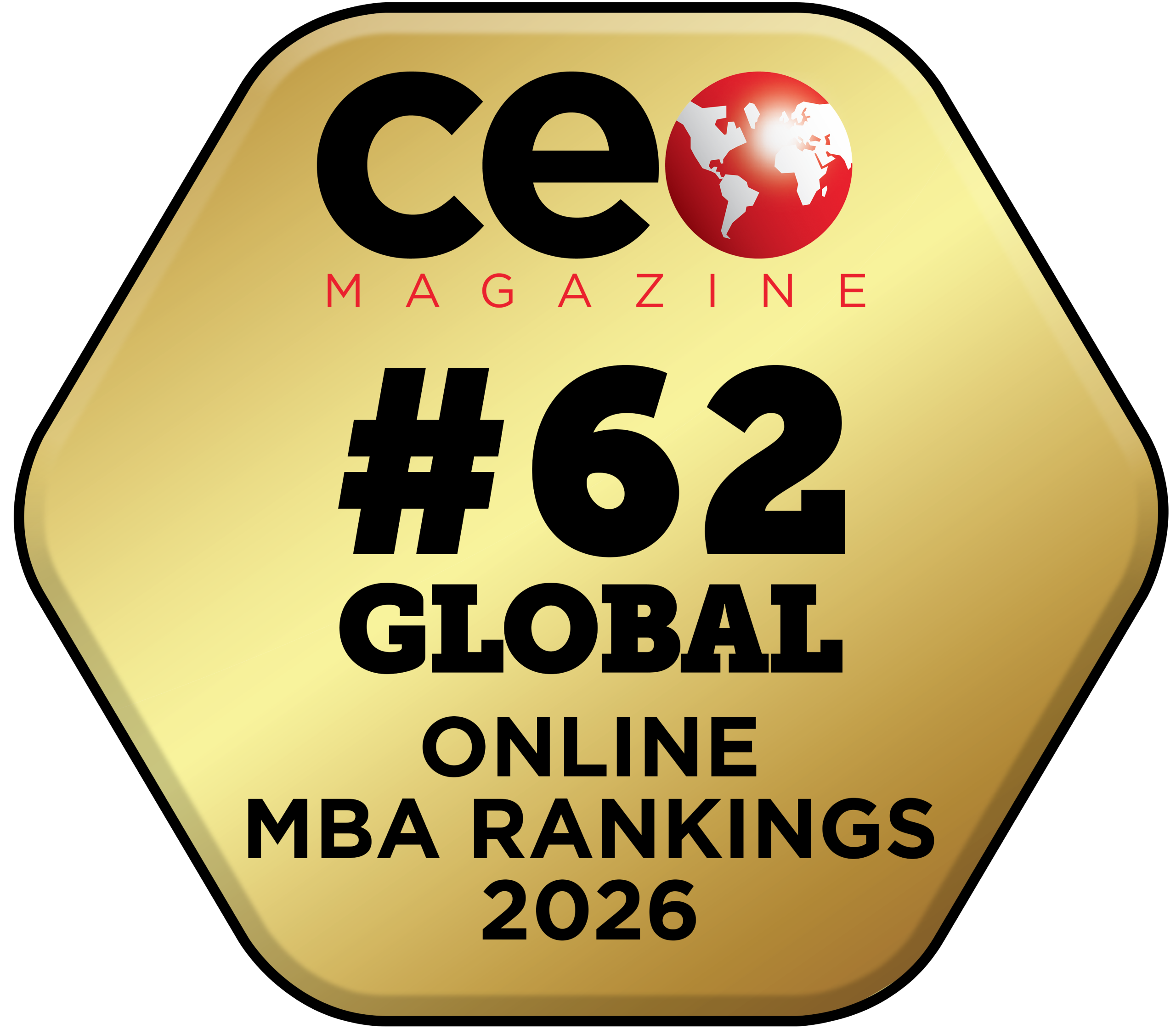 Gold hexagonal badge with a red globe icon. Within the badge is the text "CEO Magazine #62 Global Online MBA Rankings 2026."