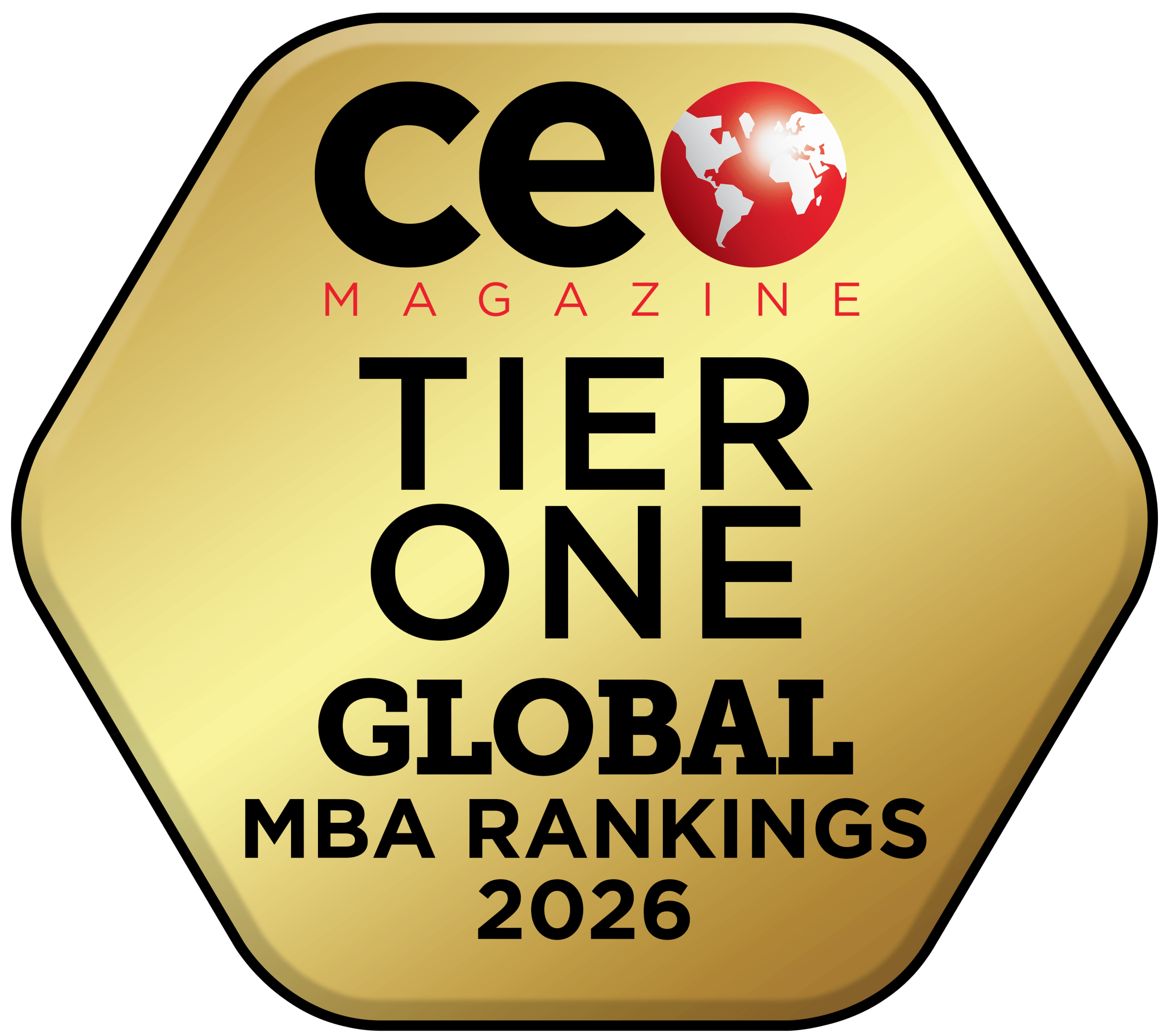 Gold hexagonal badge with a red globe icon. Within the badge is the text "Tier One Global MBA Rankings 2026."