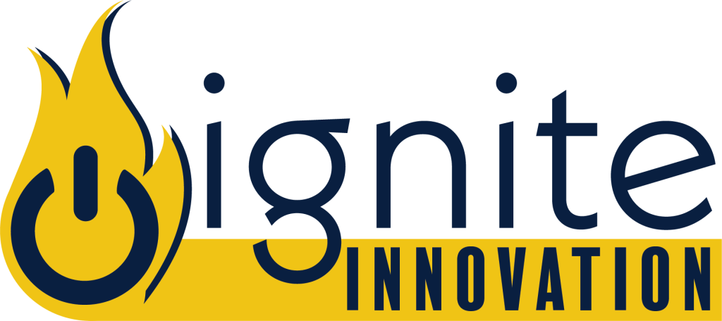 A graphic that reads "Ignite Innovation" in navy-blue font. It features a yellow flame that contains a navy-blue power button symbol.