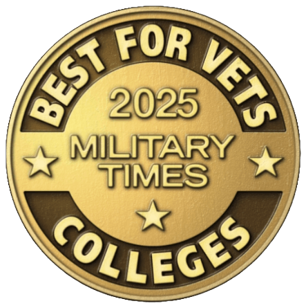 Gold medal with the text "BEST FOR VETS COLLEGES," "2025" and "MILITARY TIMES" along with two stars on either side.