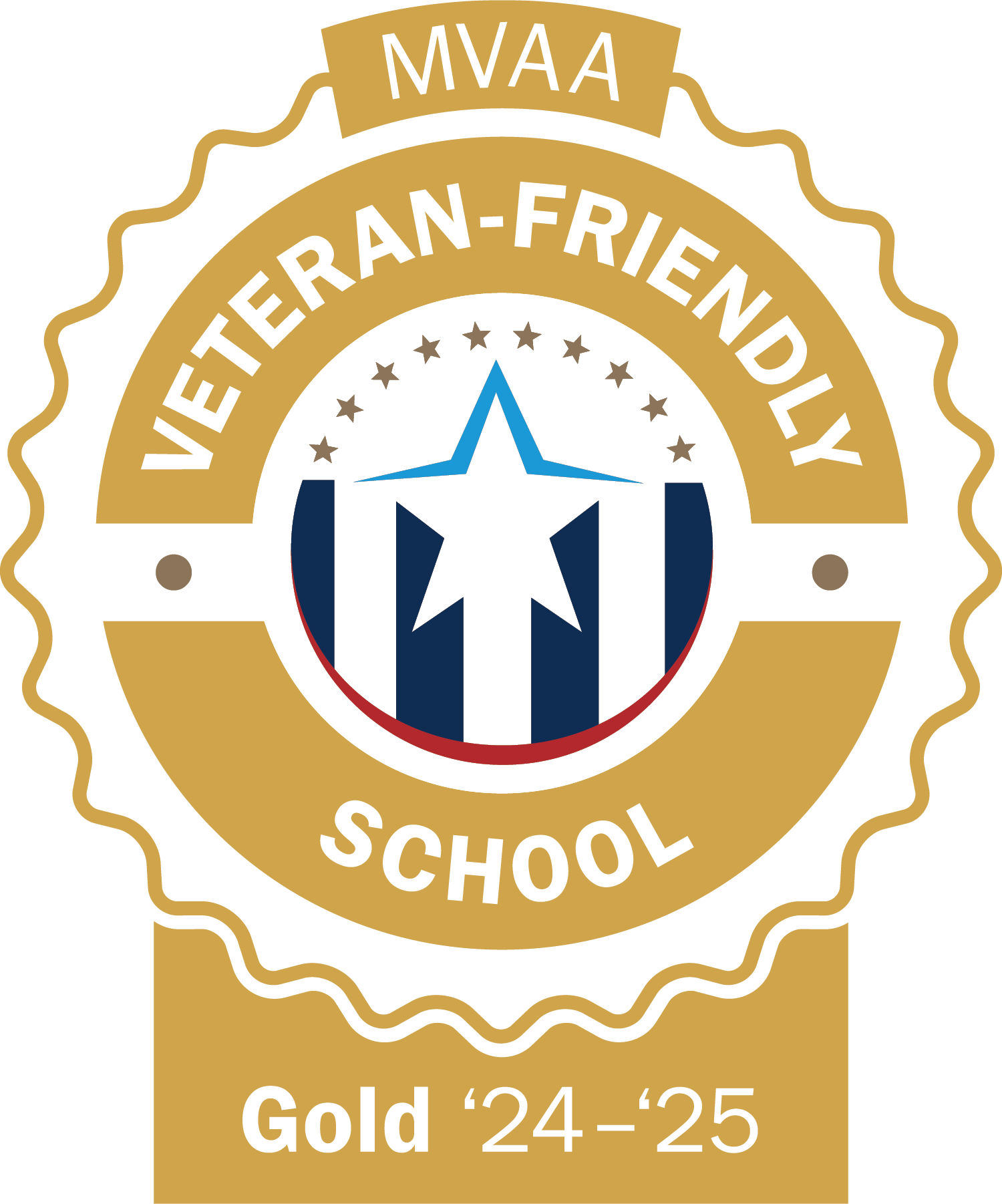The Michigan Veterans Affairs Agency's Veteran-Friendly School badge. This badge is gold for the years 2025-2026. It features a stars-and-stripes design.