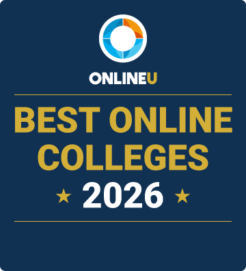 Logo for OnlineU featuring the text "BEST ONLINE COLLEGES 2026" in gold and white font on a navy-blue background. Above this text is a circular logo showing the letter "O." Three quarters of this logo are bright blue and one quarter is orange.