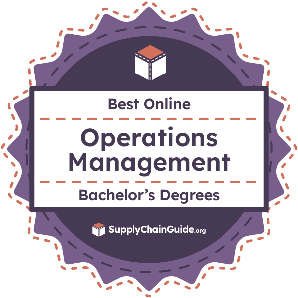 Best Online Operations Management Bachelor's Degrees badge from SupplyChainGuide.org. This badge is purple and surrounded by a red dashed line.