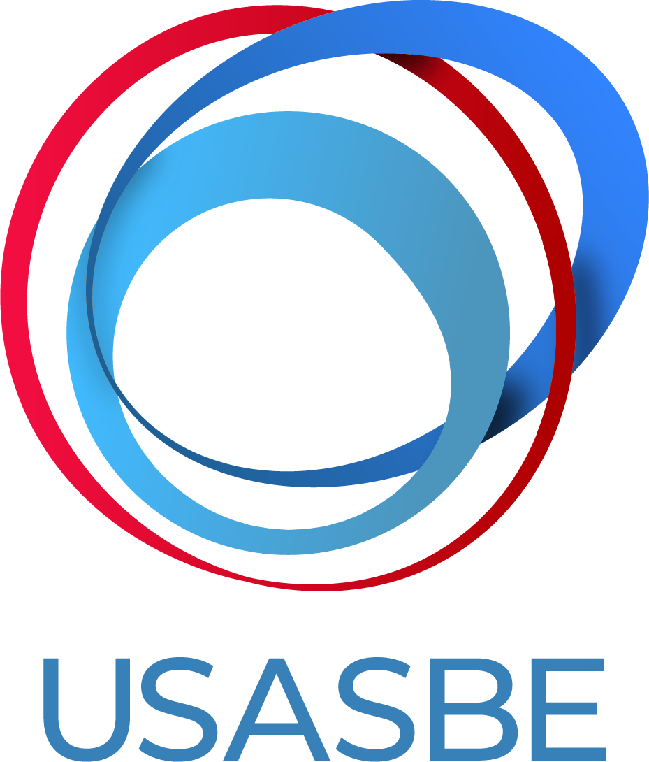 The logo of the United States Association for Small Business and Entrepreneurship. This logo features three overlapping oval shapes in red and blue, with the text "USASBE" below in a modern blue font.