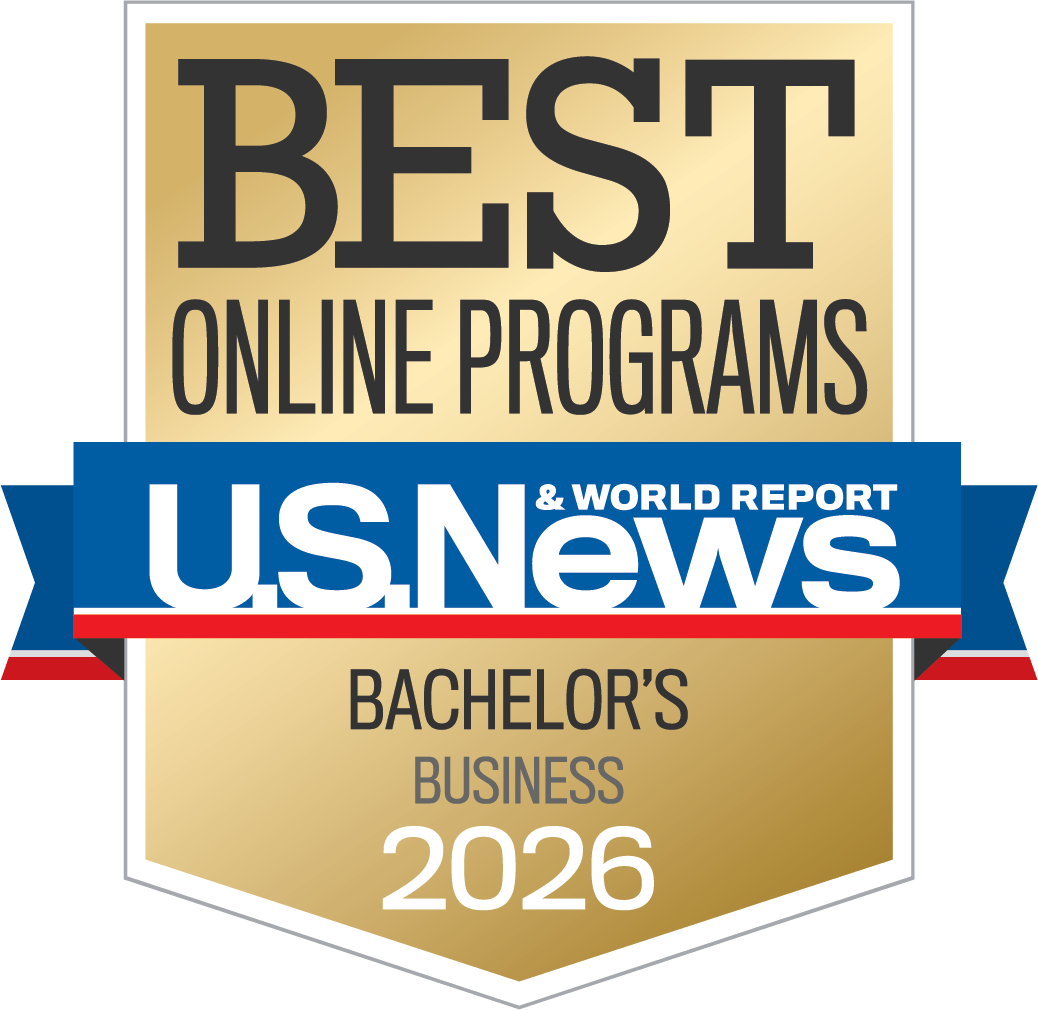 A golden badge with a horizontal red, white and blue banner that reads "U.S. News & World Report." The graphic displays large black font that reads "Best Online Programs Bachelor's in Business 2026."