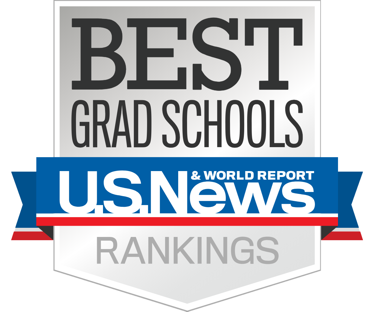 A silver badge with a horizontal red, white and blue banner that reads "U.S. News & World Report." The graphic displays large black font that reads "Best Grad Schools Rankings 2026."