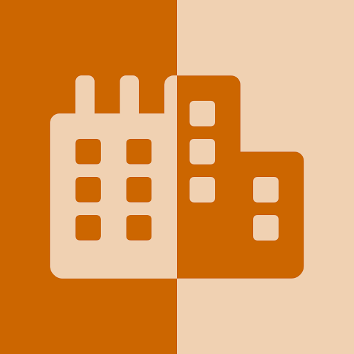 An abstract illustration of two buildings in shades of orange and beige.