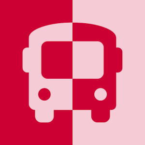 A simple graphic of a bus icon in red and pink colors.