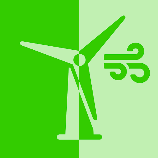 Icon of a wind turbine with wind lines, set against a green and light green background.