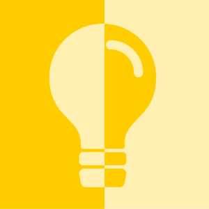 A stylized light bulb icon divided into yellow and cream sections, with a curved line representing a light beam.