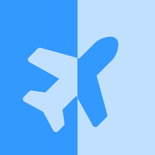 An airplane icon in blue against a split background of light blue and darker blue.