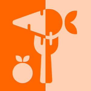 An abstract illustration featuring a person holding a gardening tool, surrounded by fruit and plant shapes in orange and peach colors.