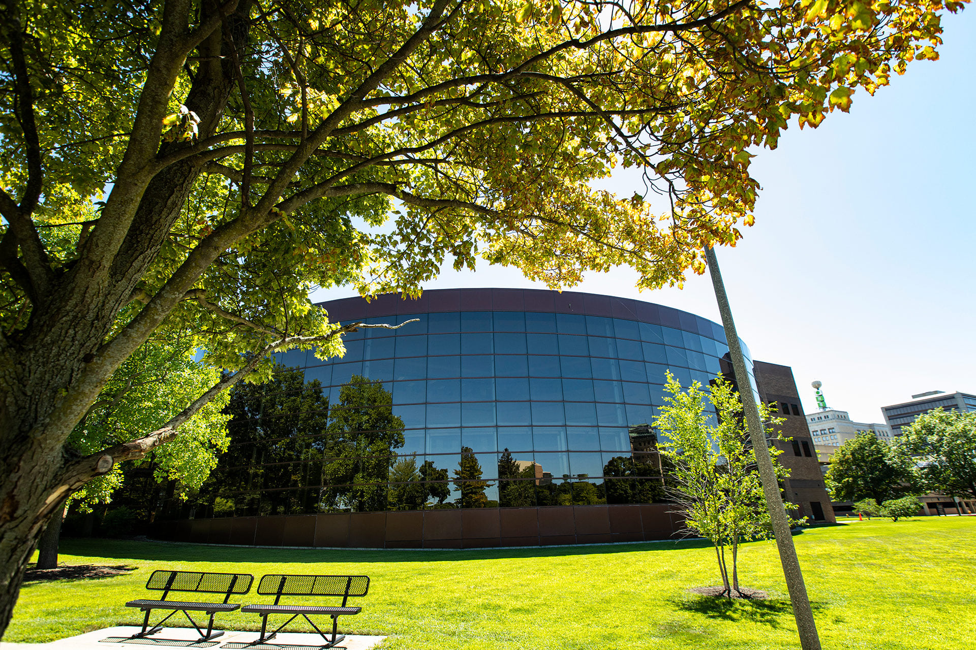 A modern building with large glass windows is partially obscured by trees, with benches visible in the foreground on a grassy area.