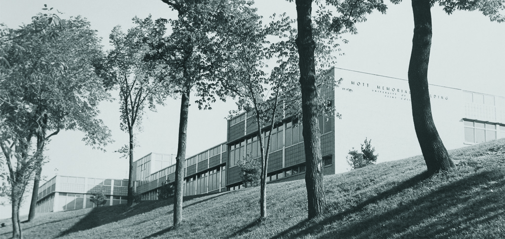 Exterior of the Mott Memorial Building on the Mott College campus.