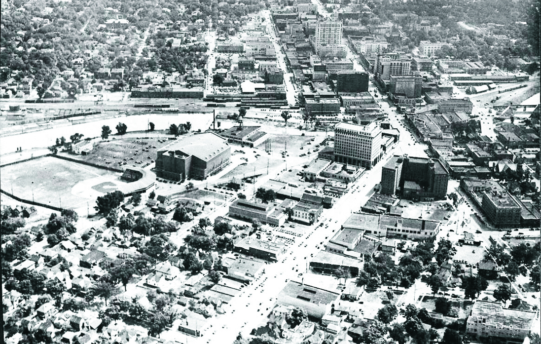 Aerial view of downtown Flint, Michigan, mid-20th century.