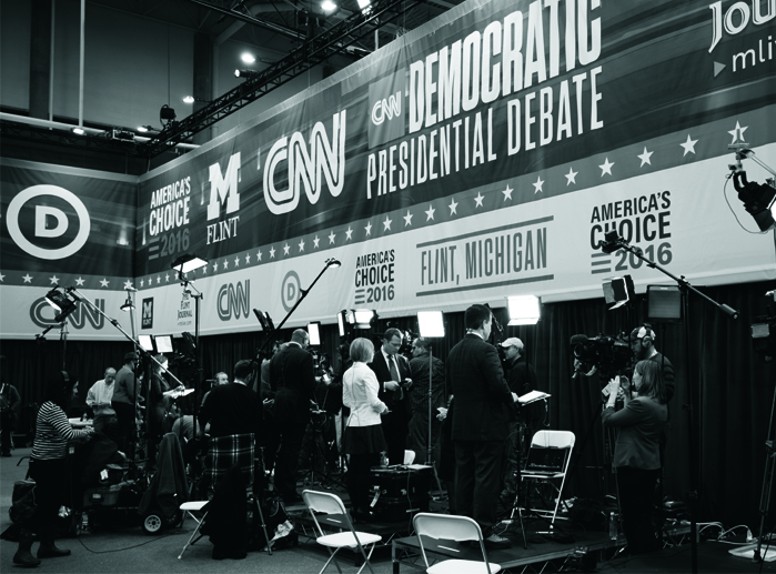 Camera crews and staging set up for the CNN Democratic Presidential Debate on campus.